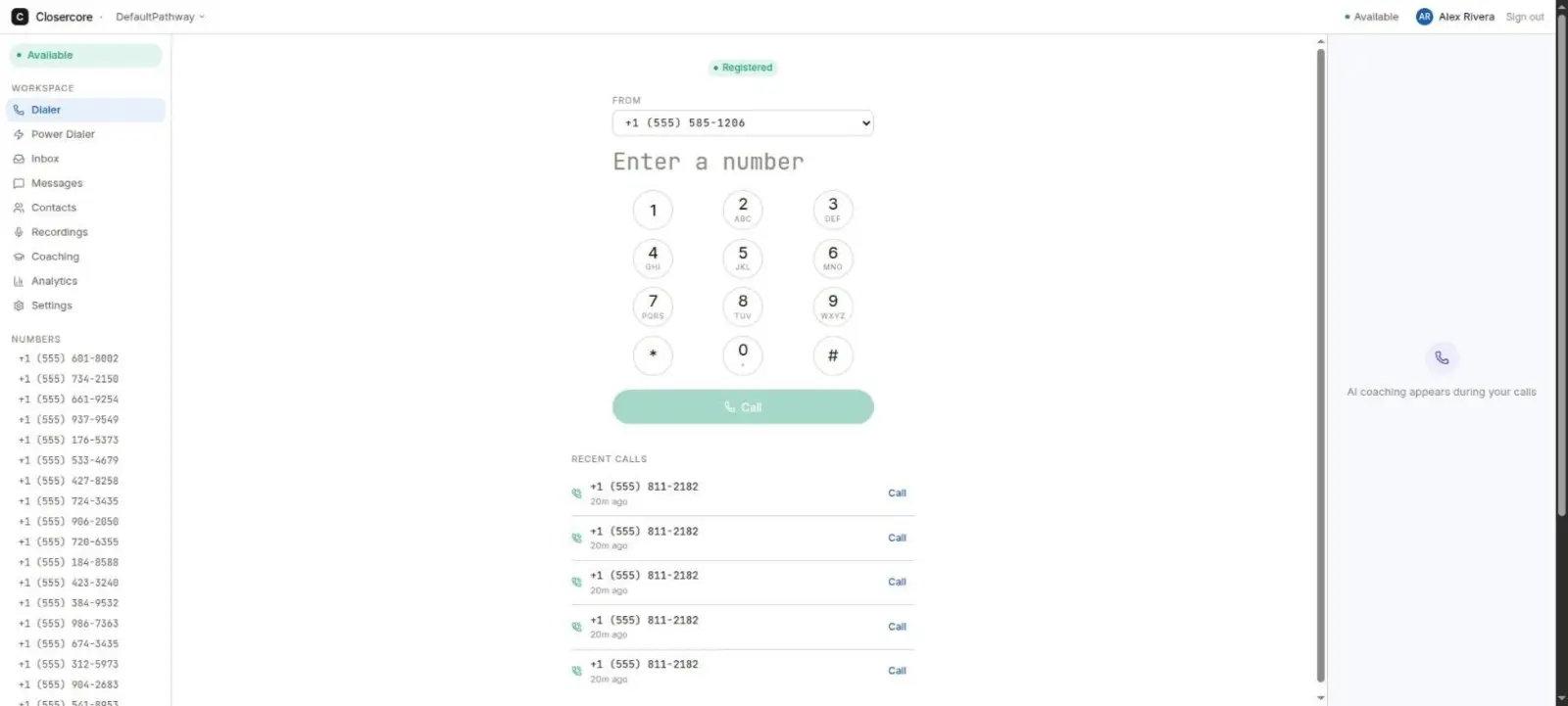 Closercore dialer with a registered WebRTC line, keypad, and recent calls