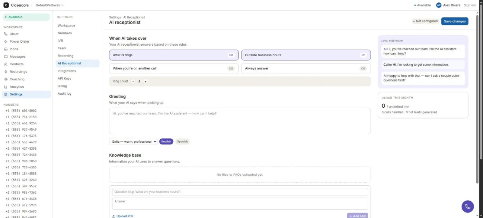 Closercore AI receptionist configuration with takeover rules and a live transcript preview