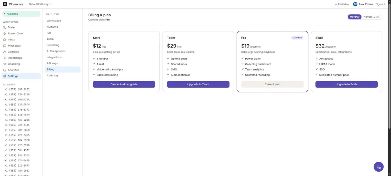 Closercore billing screen showing four plans, two priced per user per month