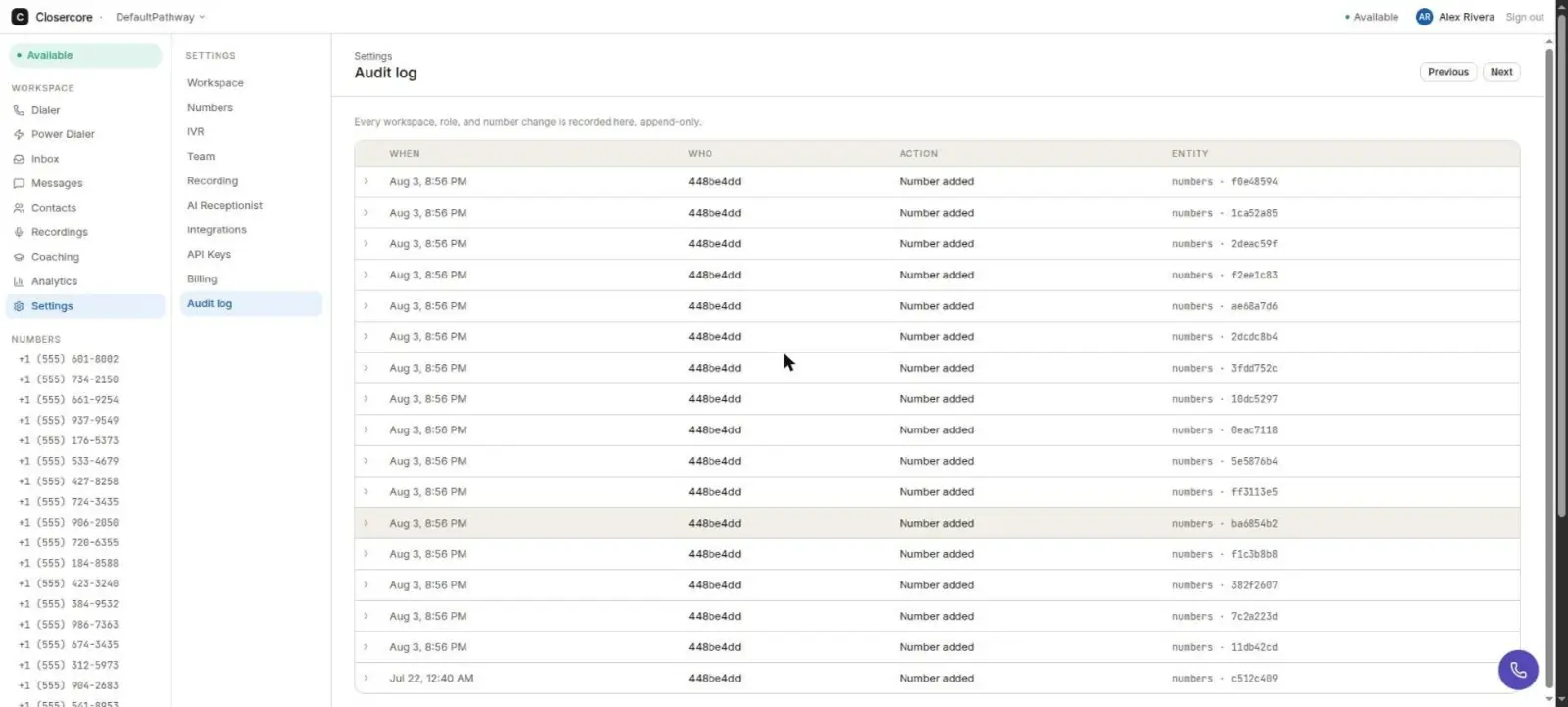 Closercore append-only audit log listing workspace, role, and number changes