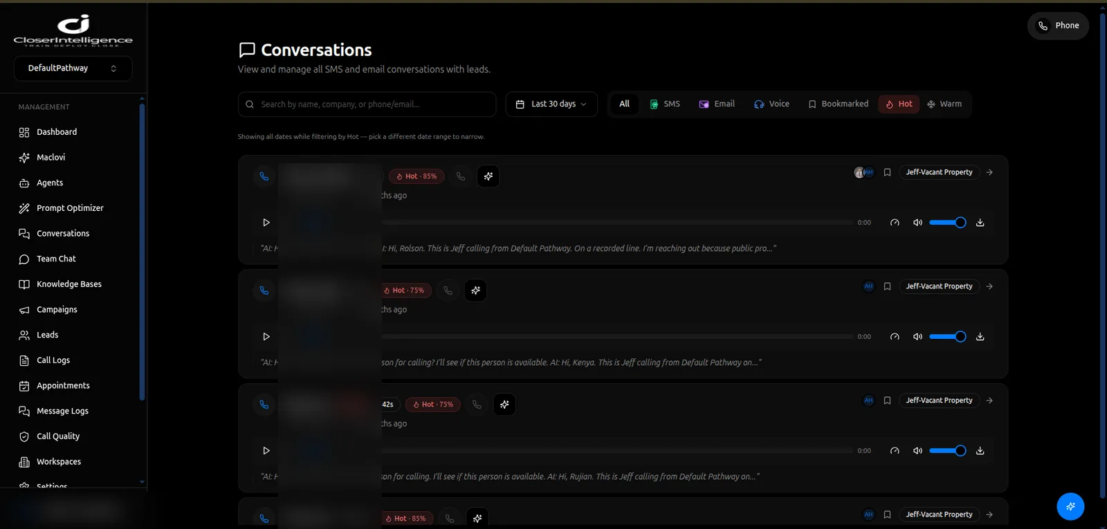 CloserIntelligence conversations view with a threaded inbox and hot/warm classification