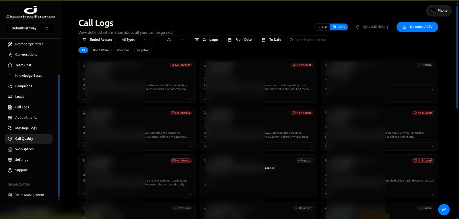 CloserIntelligence call logs listing individual calls with duration, outcome and recording
