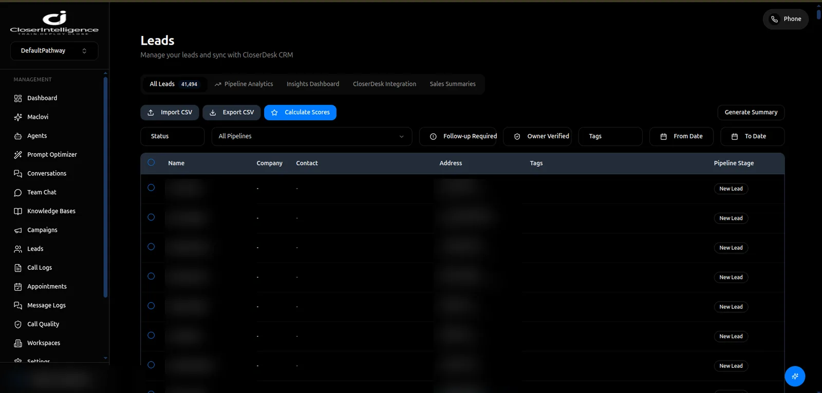 CloserIntelligence leads table with pipeline stage and source columns