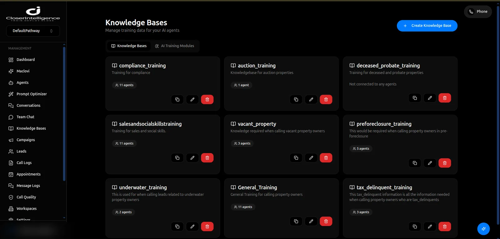 CloserIntelligence knowledge bases screen listing training corpora for the voice agents