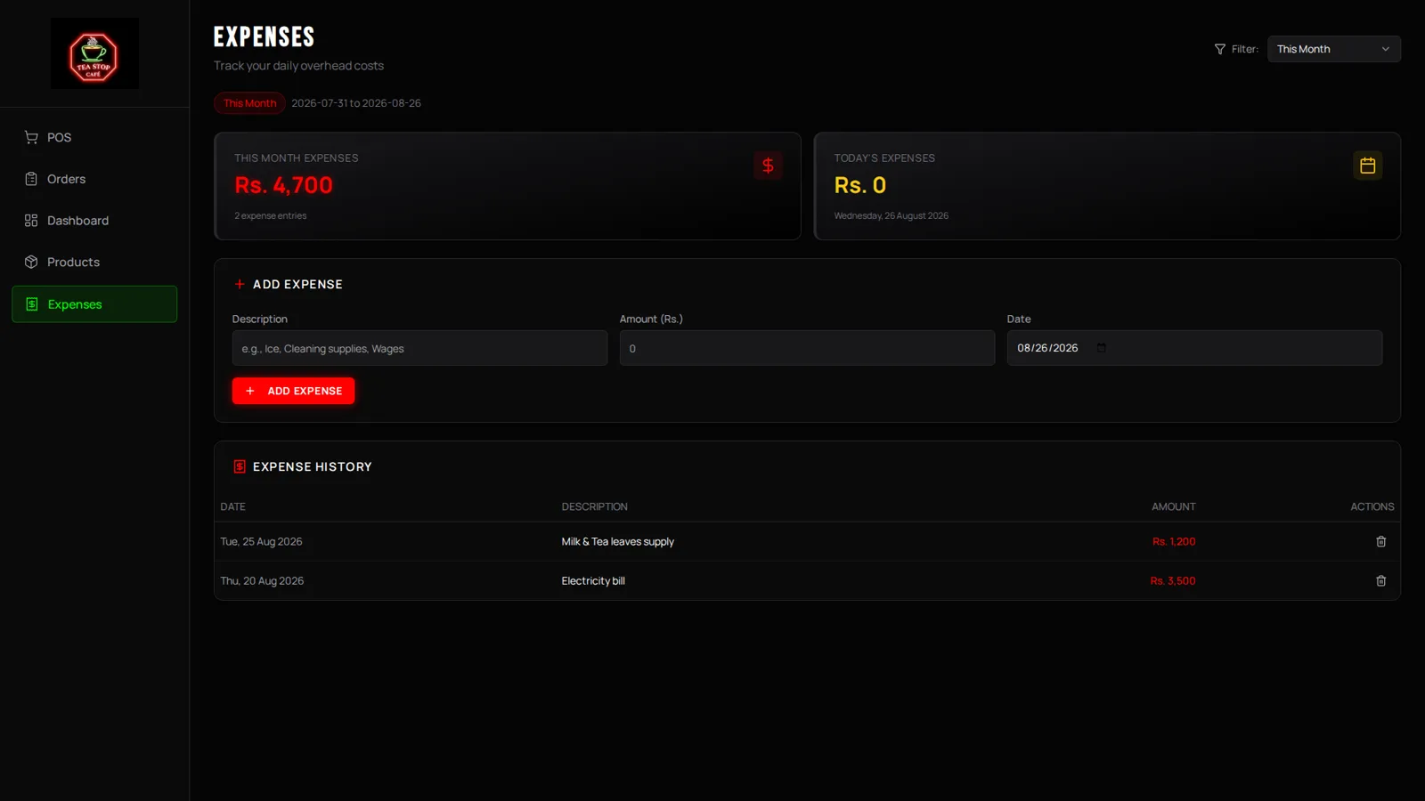 Cloud POS expenses page