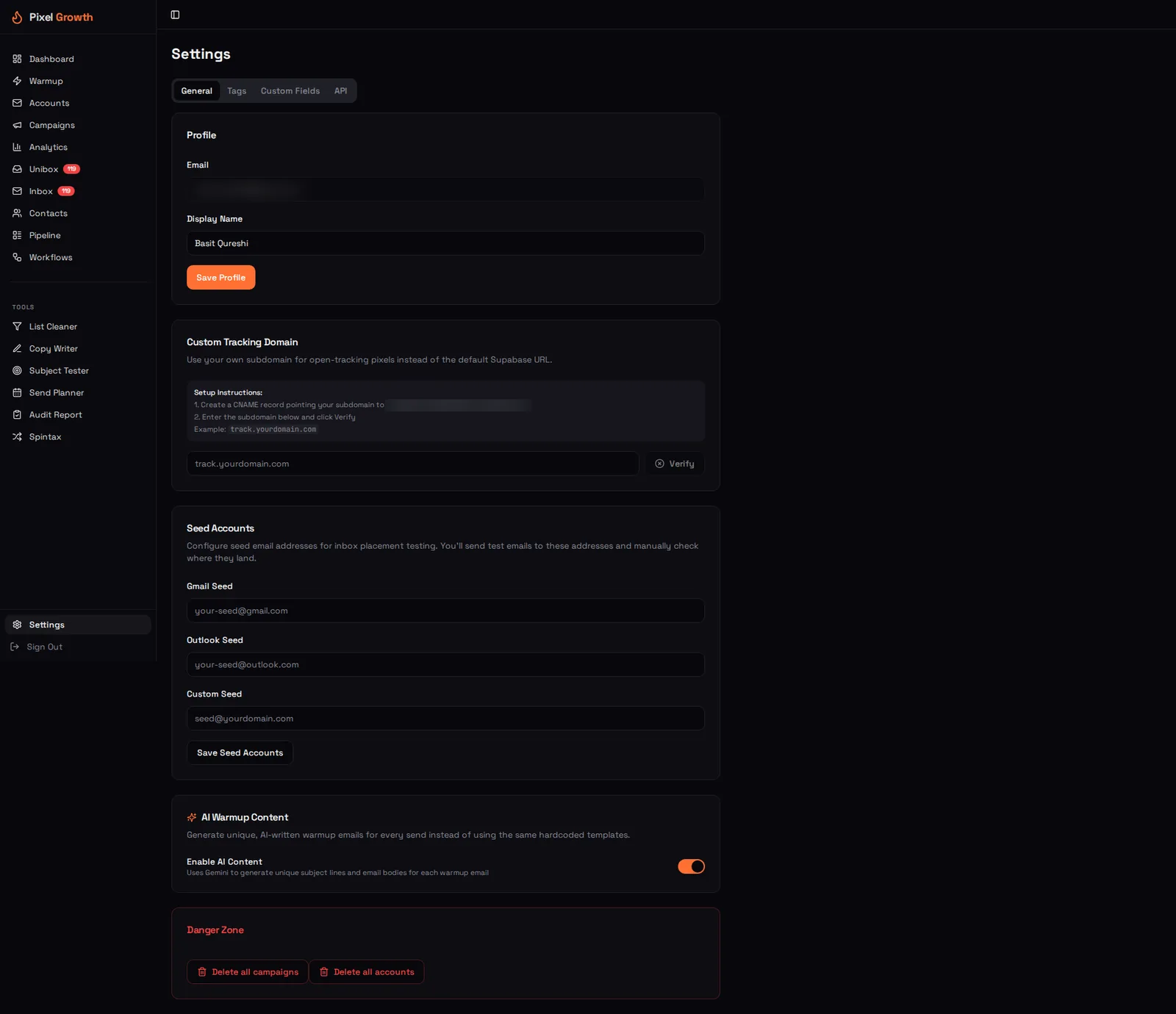 PixelGrowth settings screen showing custom tracking domain, seed accounts and AI warmup content toggle